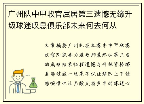 广州队中甲收官屈居第三遗憾无缘升级球迷叹息俱乐部未来何去何从