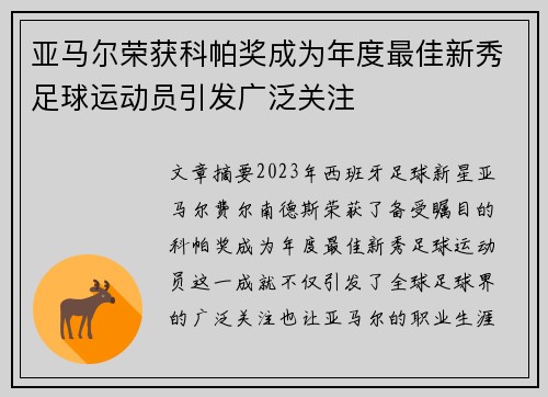 亚马尔荣获科帕奖成为年度最佳新秀足球运动员引发广泛关注
