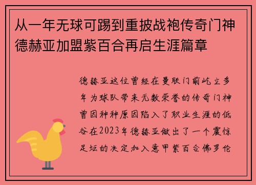 从一年无球可踢到重披战袍传奇门神德赫亚加盟紫百合再启生涯篇章